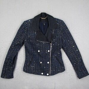 White House Black Market Sequin Tweed Denim Moto Jacket Navy Blue Gold Sz 00